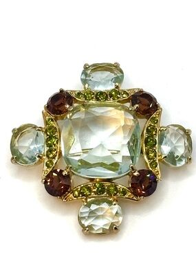 Vintage Monet Multi-Color Rhinestone Maltese Cross Brooch Gold Tone Statement